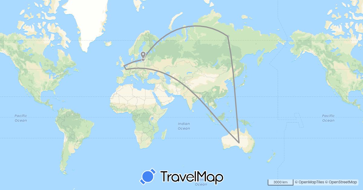 TravelMap itinerary: driving, plane in Australia, France, United Kingdom, Lithuania, Russia (Europe, Oceania)
